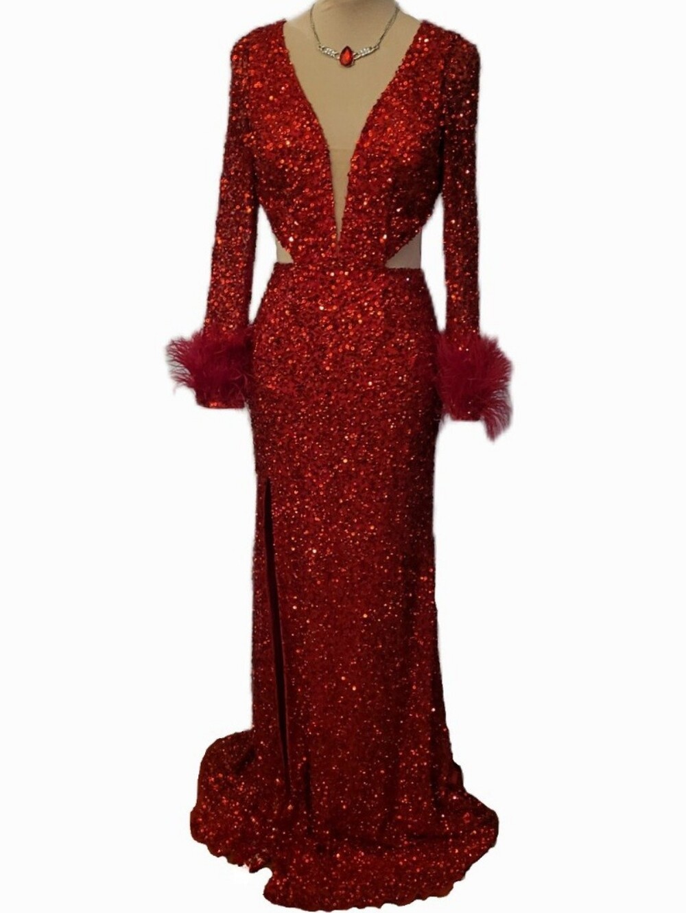 New Stunning Red Sequin Plunging Gown with Feather Cuffs and Train